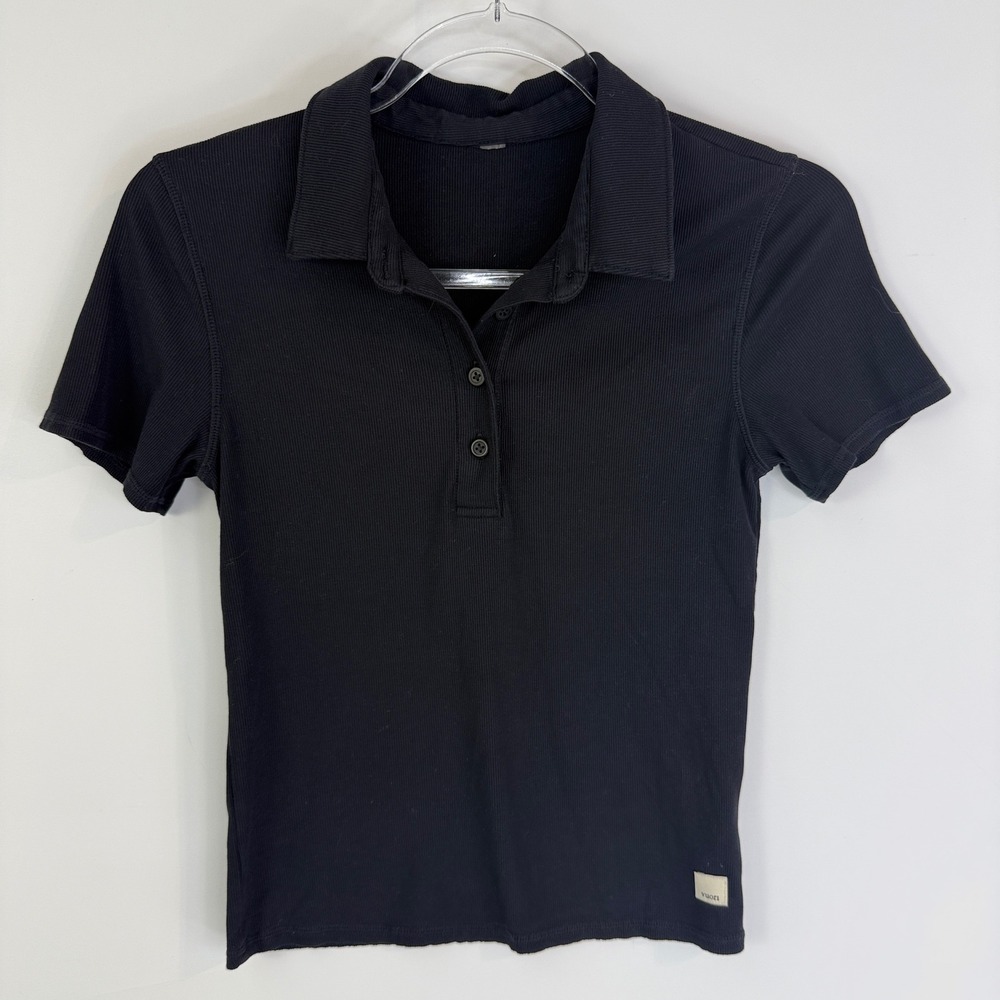 Vuori Pose Fitted Polo Women Size S Black Ribbed Short Sleeve VW1050 Slim Fit